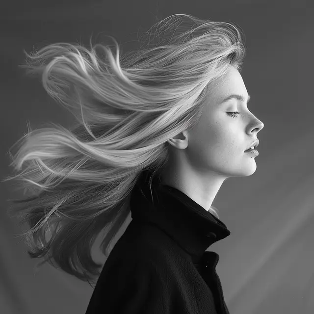 Imagen ilustrativa: melena rubia platino en movimiento, suelta y brillante